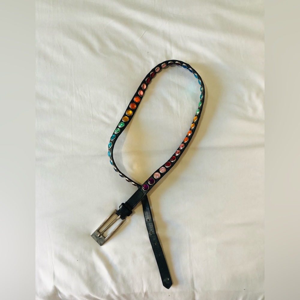 Rare Vintage 90s ‘Cache’ Black Leather Belt with Multicolored Gem Studs